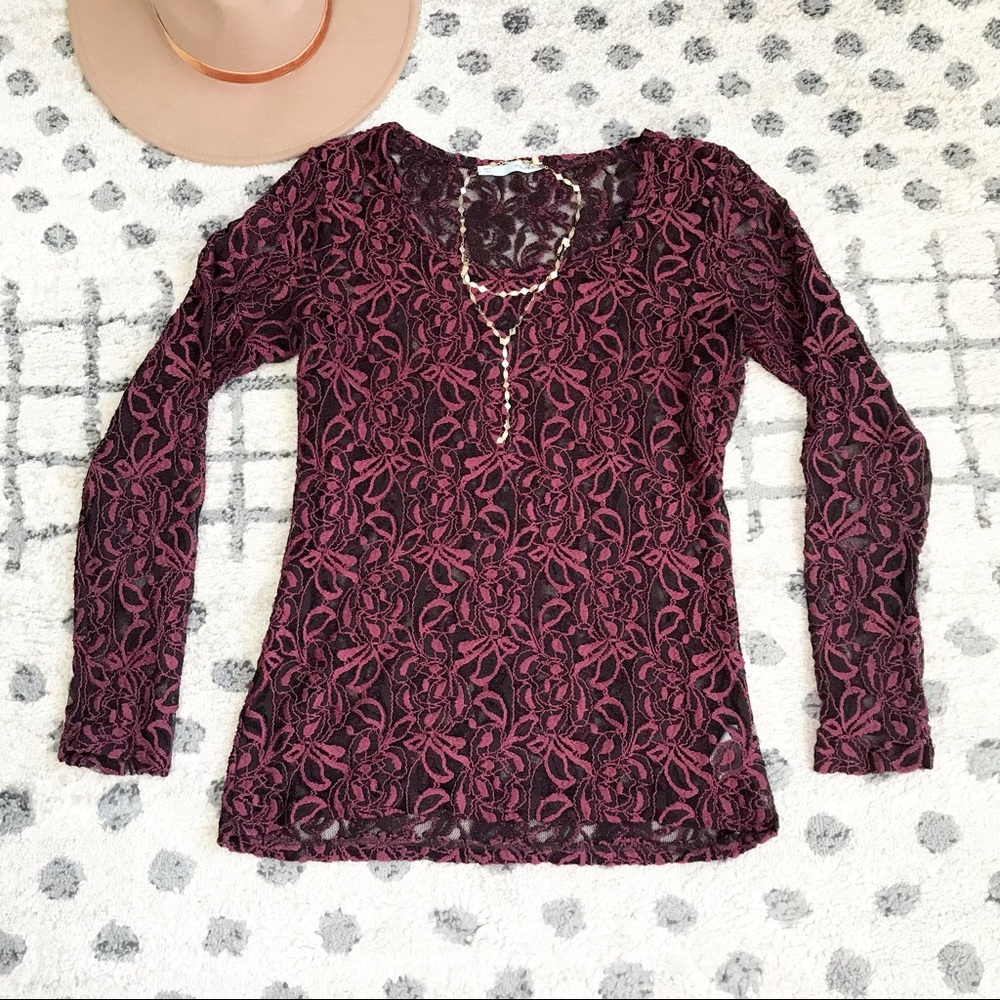 BLACK BURGUNDY SHEER LACE LONG SLEEVE TOP